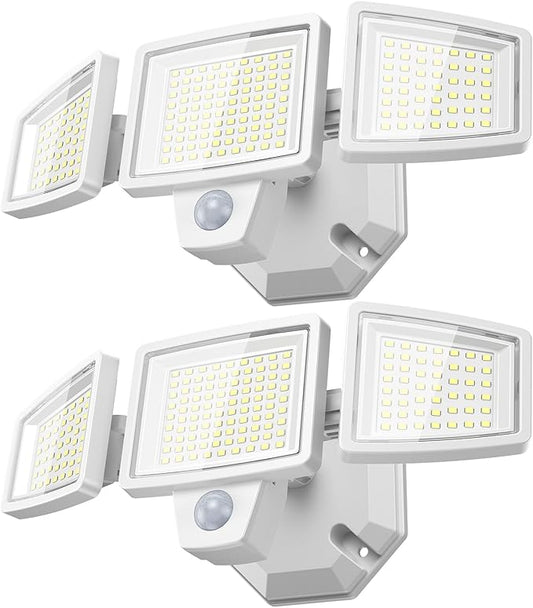 LED Security Lights Motion Sensor Outdoor Lights, 5000K Daylight, IP65 Waterproof, Dusk to Dawn, 3-Head Motion Detected Flood Light for Garage, Yard, Porch, White, 2 Pack