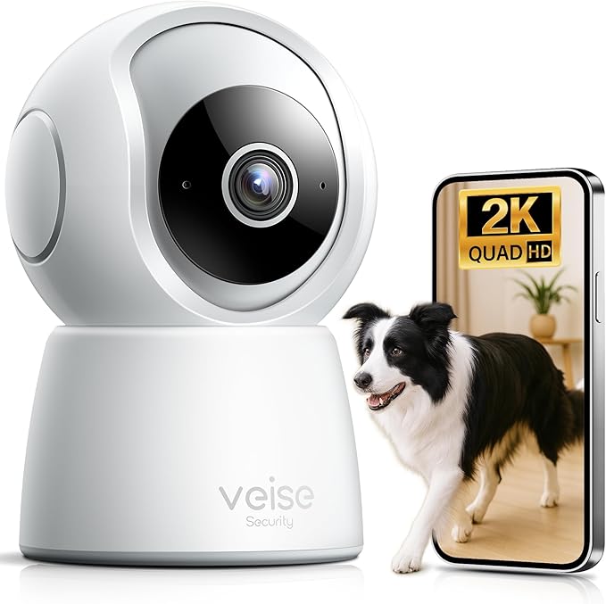 Veise 2K Security Camera Indoor 2.4GHz, 360° Pan/Tilt Cameras for Home Security, Pet & Baby Monitor, Motion Tracking, Voice Control, 2-Way Audio, IR Night Vision, Cloud &SD Card Storage, White