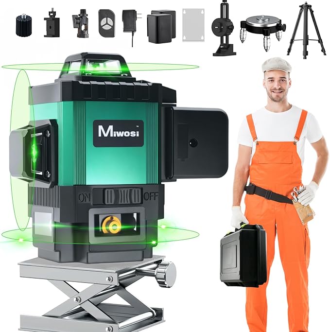Laser Level 360 Self Leveling with Tripod, Miwosi 4D Lazer Level, 4x360° Green Cross Line Laser Tool for Construction Project Renovation, Tile, Floor, and Wall Projects, Includes Carrying Case