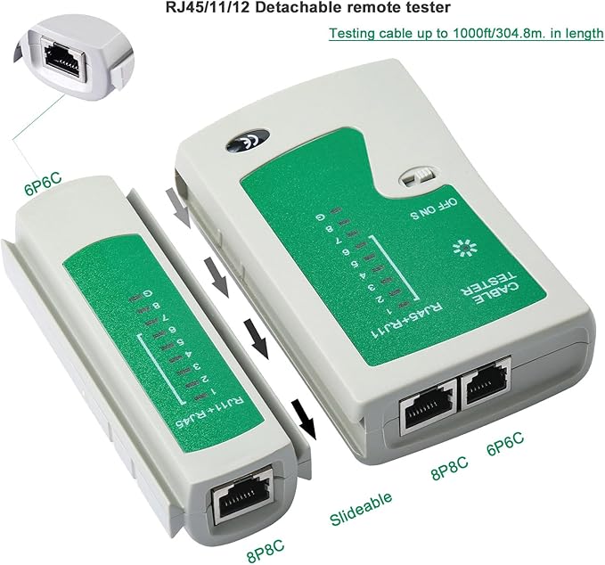 RJ45 Crimp Tool Kit Pass Through Crimper Cutter for Cat5 Cat5e Cat6 Cat6a 8P8C Modular Connector All-In-One Cat6 Crimping tool Etrhernet Crimper Tool and Tester(9V Battery Not Included)