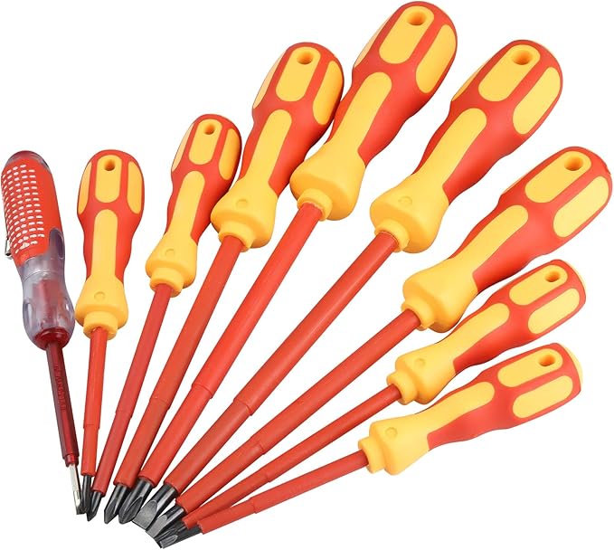 9 Piece 1000V Insulated Electrician Screwdrivers Set with Magnetic Tips, Slotted and Phillips Bits Non-Slip Grip, with 1 Test pen Electrical screwdriver set