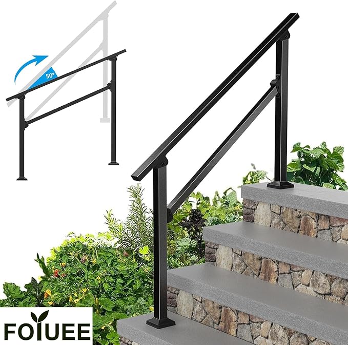 Wrought Iron Handrails for Outdoor Steps - Exterior Hand Rails for Concrete Steps Outside Metal Stair Railing Porch 4 Step
