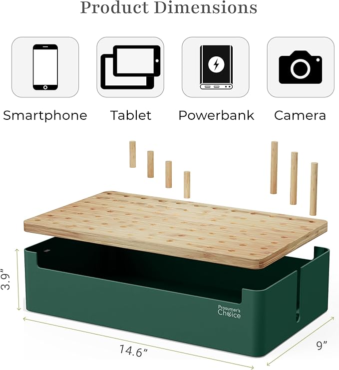 Prosumer's Choice Bamboo Charging Station - Multi Charger Station Organizer - Desk Docking Station for Phones, Tablets, Laptop - Wooden Charging Station with Removable Dividers - Cables Not Included