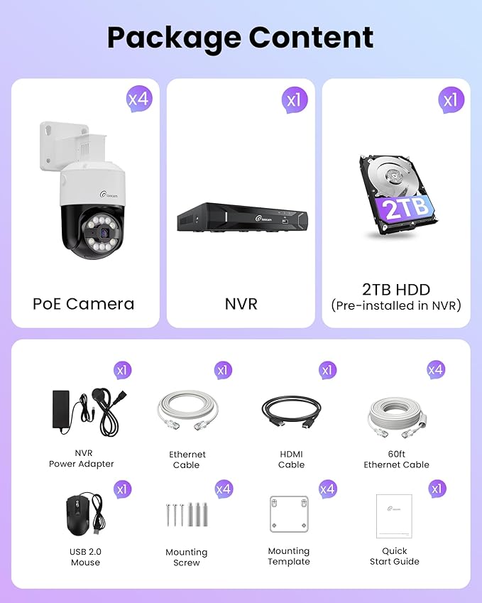 4K PoE NVR Security Camera System, 4pcs Pan & Tilt Wired PoE IP Cameras Set for Indoor Outdoor, AI Person/Pet/Vehicle Detection, Color Night Vision, 4K 8CH NVR 2TB HDD Included, Plug & Play