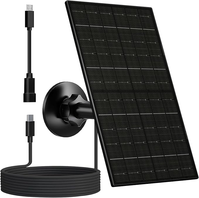 Zivif Solar Panel for Security Camera, 7W Solar Charger with Micro USB & USB-C Port, IP65 Waterproof USB C Solar Panel for 5V Rechargeable Battery Security Cameras, with 360° Adjustable Mount (Black)