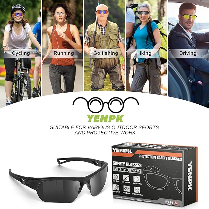 6 Pack Safety Glasses, UV Protective Eyewear, ANSI Z87.1 Impact Resistant Anti-Scratch Safety Goggles for Men Women