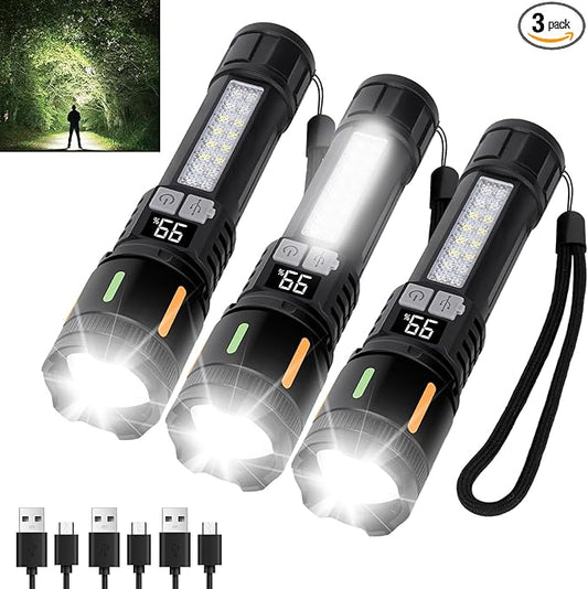 Flashlights High Lumens Rechargeable 3 Packs, 900,000L Led Flashlight Battery Powered with 5 Light Modes, Side Light, USB C, Zoomable, Blue & Red Strobe, Handheld Flash Lights