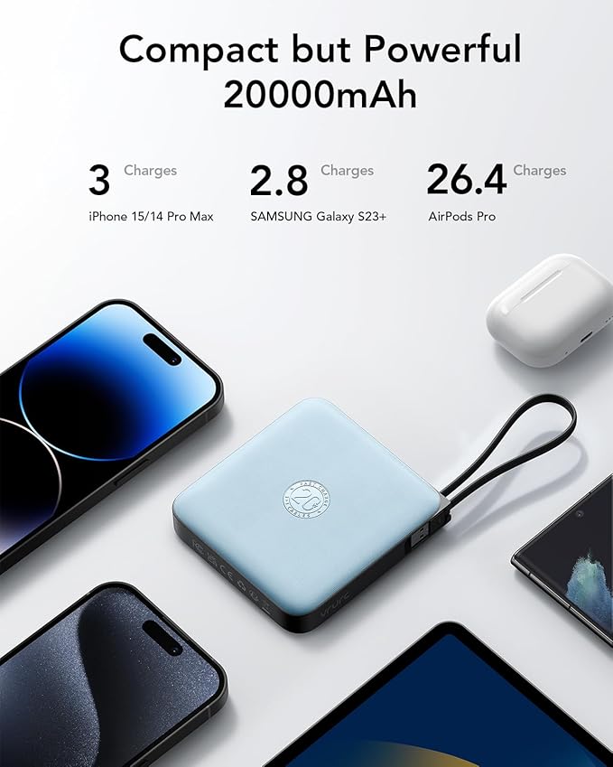 VRURC Portable Charger with Built-in 4 Cables, 20000mAh Battery Pack Charger Portable PD 20W Fast Charging, Power Bank for iPhone 16 15 14 13 12 11 X Samsung Galaxy Series Android Phone,Blue(1Pack)