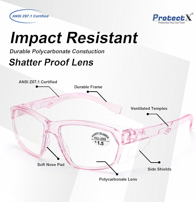ProtectX Stylish Anti-Fog & Scratch-Resistant Safety Glasses With Readers, UV Protection Goggles, Anti-Impact Lightweight Glasses for Men＆Women Pink Reading 1.5-2 Pack
