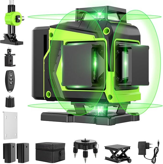 16 Line Laser Level 360 Self Leveling, 4x360°Professional 4D Green Cross Line laser Level with 2 Batteries, Adjustable Brightness & Remote Control, for Tiling Floor Construction and Picture Hanging