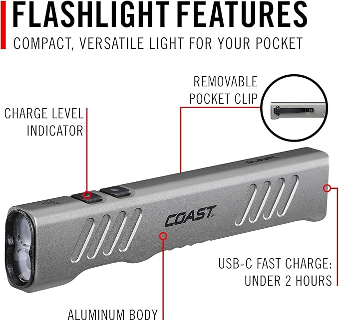 Coast Slayer 1150 Lumen USB-C Rechargeable LED Flashlight with Spot/Flood, Memory Mode and Pocket Clip, Silver