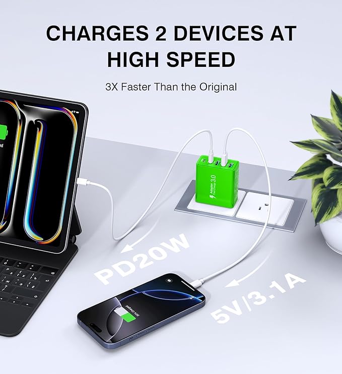 Green 2-Pack Dual Type C Power Adapter - 50W USB C Charger Block with 5-Port PD Fast Charging for iPhone 13/14/15/16/Pro, iPad, Samsung, Switch