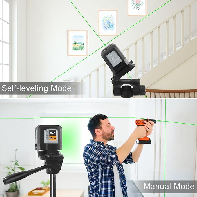 MJF 2 Line Laser Level with Tripod, 100 feet Self Leveling Laser Level, Green Cross Line Self leveling, 4 Brightness Adjustment, Manual Self leveling Mode, Carrying Bag Included