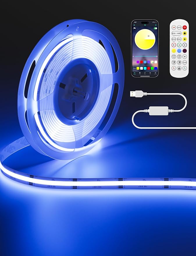 MIWISE 5V USB RGB COB LED Strip Light,9.84ft/3m Tape Lights,RF & App Control,Music Sync,Ultra Bright Color Changing Lighting,UL-Listed,Cuttable & Flexible for Bedroom,Kitchen,Desk,Party,Home Decor