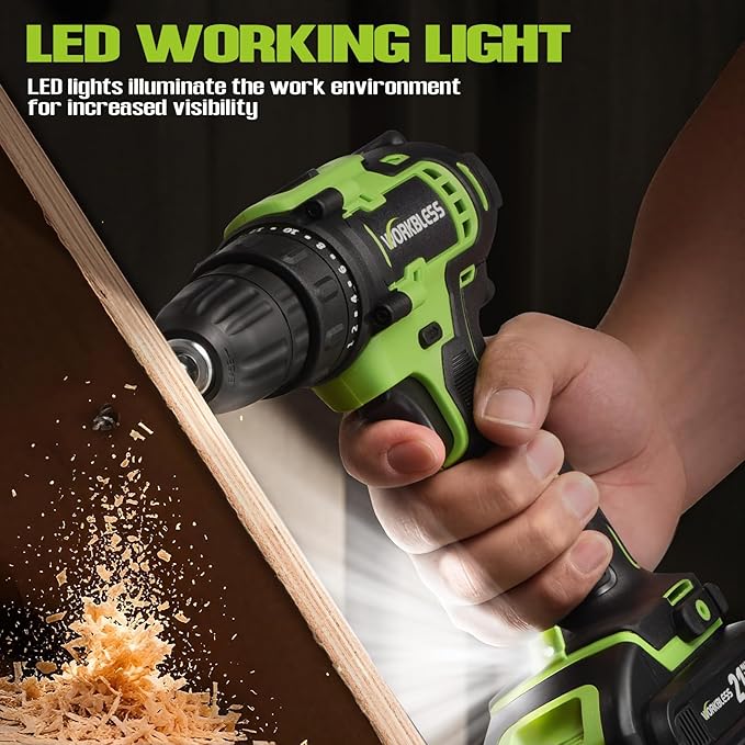 WORKBLESS 21V Power Drill Set, Cordless Drill with Battery and Charger, 3/8'' Keyless Chuck, Variable Speed, 18+1 Torque Setting and 28pcs Drilling/Driver Bits Tool Set(Green)