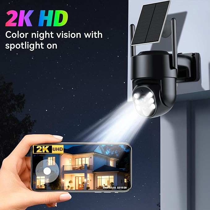4G LTE Cellular Security Camera, Solar Powered Security Cameras Wireless Outdoor No WiFi Needed, with SIM Card, 2K Color Night Vision, Human Detection Alert, with 64G SD Card, 2-Way Audio, 360° View