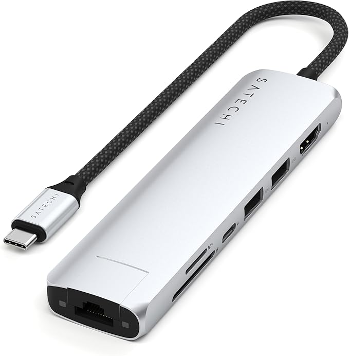 Satechi 7 in 1 USB C Hub Multiport Adapter with Ethernet, HDMI 4K@60Hz, 100W PD Charging, 2X USB-A Data Ports, Micro/SD Card Readers for MacBook Pro/Air M4–M1, iPad, iPhone, Windows - Silver
