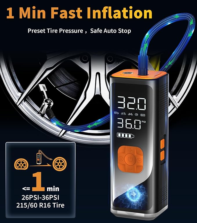 VIL Tire Inflator Portable Air Compressor, 12V DC Air Pump for Car Tires, 150PSI Portable Air Compressor with Pressure Gauge/LED Light, 20000MAH Portable Tire Inflator for Car, SUV,Pickup Truck,Moto