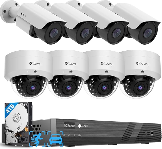 4COVR 16 Channel 4K Security Camera System - Human Vehicle Detection, 4K 4TB NVR, 4 Dome IK10 Vandal-Proof 4 Bullet 8MP Wired PoE IP Camera for Businesses, IP67 Outdoor, Remote Access, LYH54A8M1608