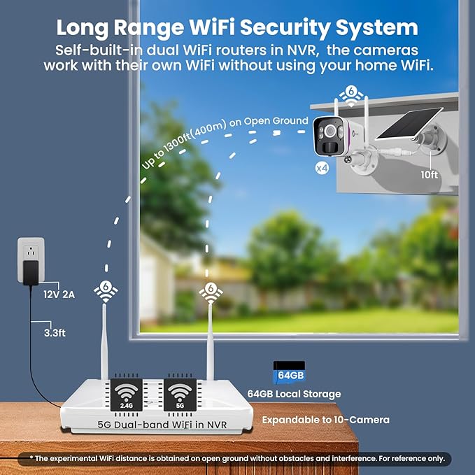 XMARTO Solar Security Cameras Wireless Outdoor, WiFi6 NVR with 64GB Micro SD Card, 10PCs 4MP QHD Home Security Camera System with 10CH Expandable NVR, 120 Days Local Storage, All-Weather Solar Charge