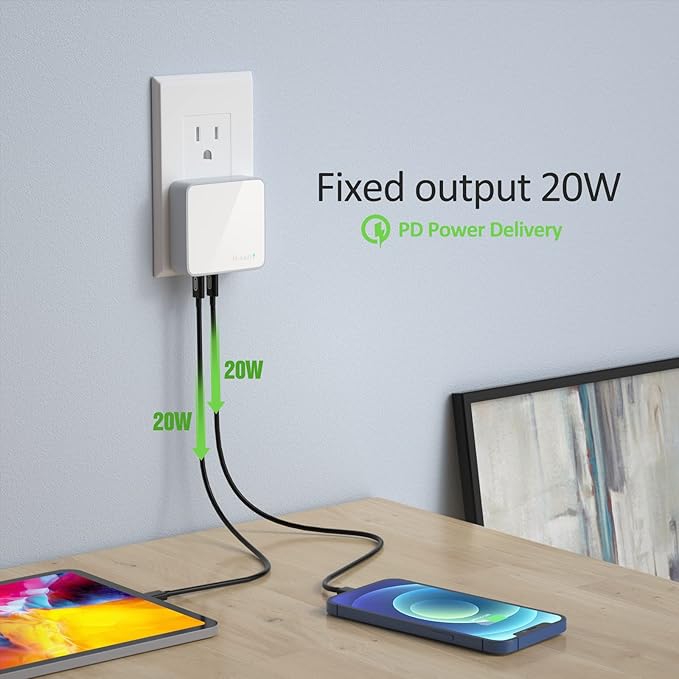 Nekmit USB C Charger, Thin Flat 52W 4-Port Fast Wall Charger with Two 20W Power Delivery and 2 Port for iPhone 14/14 Pro/14 Pro Max, Galaxy, Pixel, iPad Pro, AirPods More, Upgraded