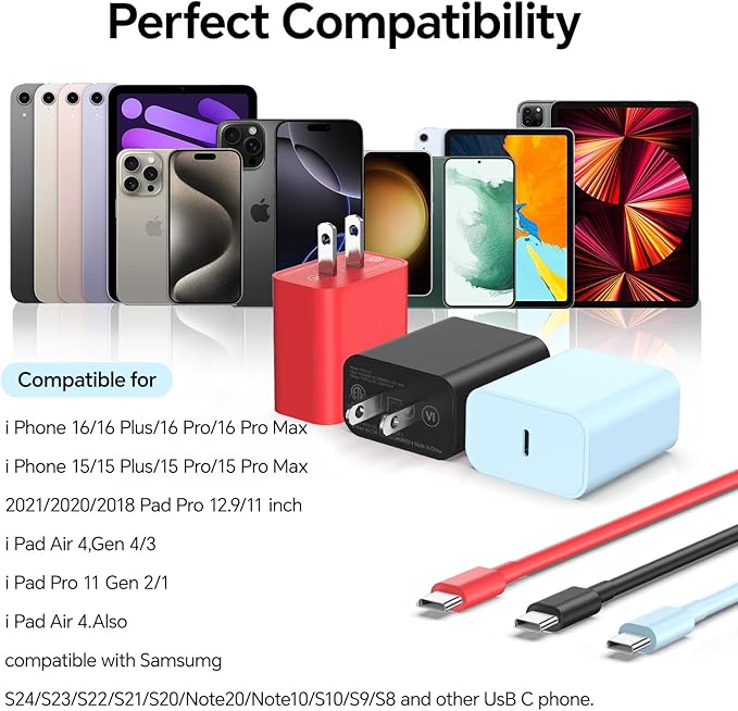 Compatible with Phone 16 15 Charger Fast Charging 10ft, 60W Fast Type C to C Charger Cord Long,15/16 Plus,15/16 Pro Max, for MaccBoook Pro/Air, for Pad Air 4/5/Minii 6/Pro 12.9/11,Blue/Black/Red