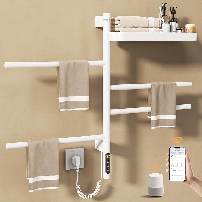ENZE Smart Rotating Heated Towel Rack for Bathroom, Wall-Mounted Electric Towel Dryer with Swivel Bars & Shelf, Smart Timer, Low Carbon Steel, Plug-in/Hardwired, Towel Warmer with Wi-Fi App Control