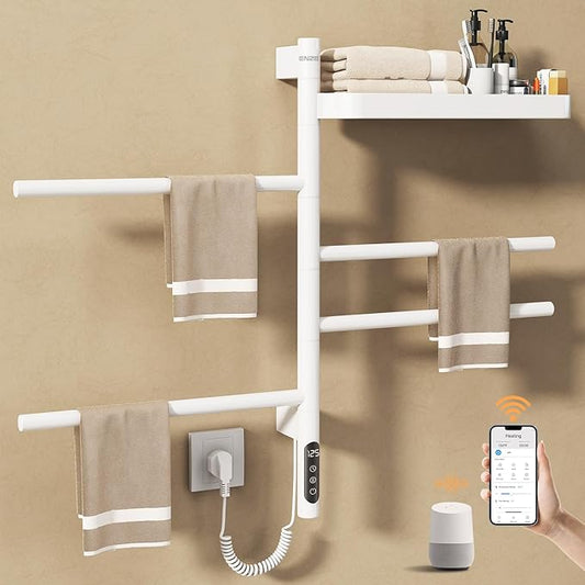 ENZE Smart Rotating Heated Towel Rack for Bathroom, Wall-Mounted Electric Towel Dryer with Swivel Bars & Shelf, Smart Timer, Low Carbon Steel, Plug-in/Hardwired, Towel Warmer with Wi-Fi App Control