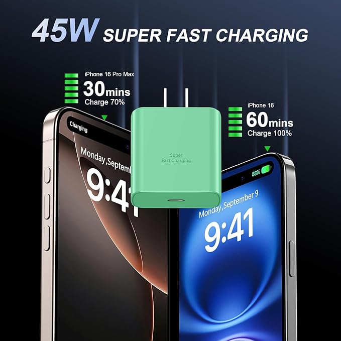Phone 16 Pro Max Charger Fast Charging, 45W USB C Phone 16 Super Fast Charger Block with 10ft Long Type C Charging Cable Cord for Phone 16/16 Pro/16 Pro Max/16 Plus, 15/15 Pro Max/Pro/Plus Green