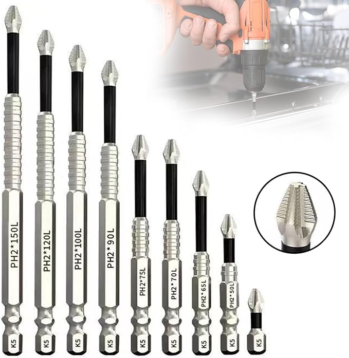 High Magnetic Screwdriver Bit Set, 9PCS 25-150mm Anti-Slip Magnetic Drill Bits, Electric Screwdriver Set for Home DIY, Car Repair, Furniture Assembly, 2025 New Upgrade (9)