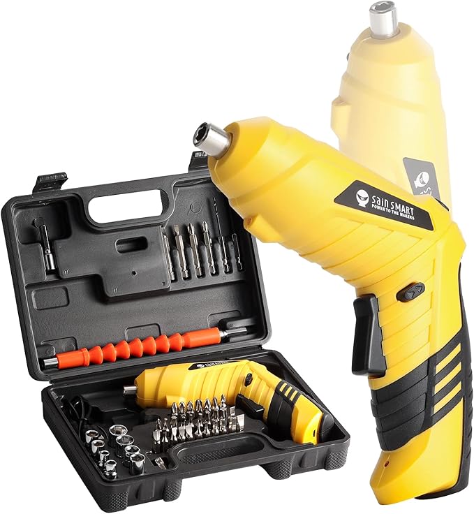 SainSmart Cordless Electric Screwdriver with Rechargeable 3.6v Lithium Battery and 1/4” Hex Chuck, Includes 45pcs Bits, 1 Extension Rod and 1 USB Cable