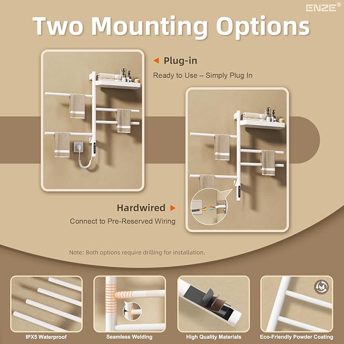 ENZE Smart Rotating Heated Towel Rack for Bathroom, Wall-Mounted Electric Towel Dryer with Swivel Bars & Shelf, Smart Timer, Low Carbon Steel, Plug-in/Hardwired, Towel Warmer with Wi-Fi App Control
