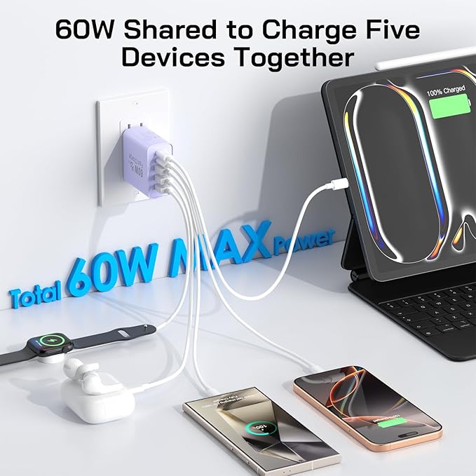 2Pack USB C Fast Charger Block, 60W 5-Port USB C Wall Charger 30W Type C Charging Block, 2USB C+3USB A PPS/PD 3.0 Multiport Charging Cube for iPhone 16 15 14 13 Pro Max,for Galaxy S25 S24 Ultra, i Pad