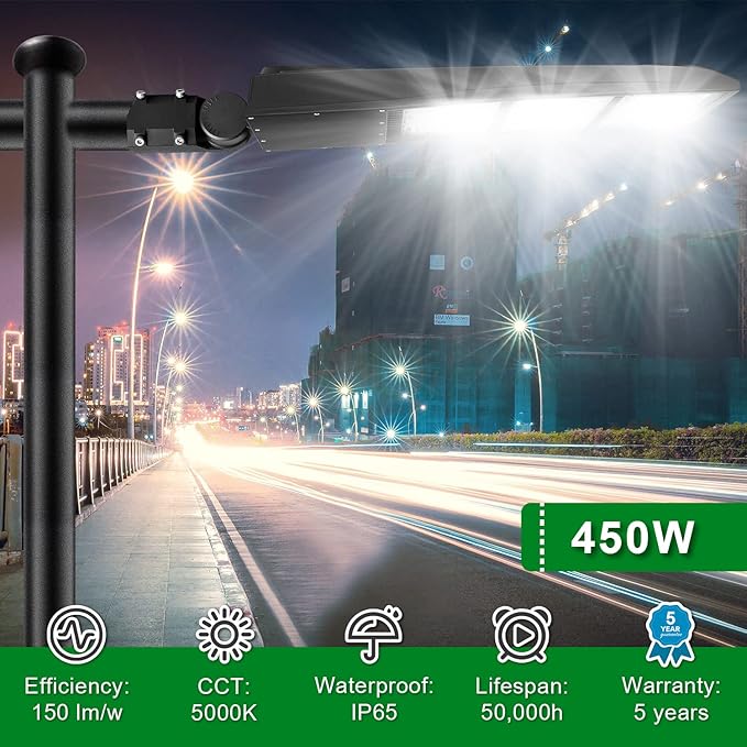 OSTEK LED Parking Lot Lights 450W LED Shoebox Street Pole Lighting, Waterproof 63000LM Outdoor Commercial Area Road Lighting 5000K 100-277V DLC UL
