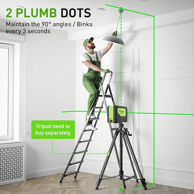 Laser Level with 2 Plumb Dots - Huepar 2 Plumb Points and 2 Cross Line Alignment Laser Level Tool with 180° Wide Angle, 2 In 1 Multi-Use Green Plumb Laser Self Leveling Laser Leveler - 9211G