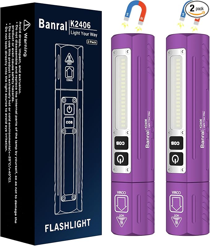 Rechargeable Tactical Flashlights High Lumens - Super Bright Small Powerful LED Magnetic USB C Flashlight, 8 Modes, Dual Button Waterproof Pocket Flash Light for Emergency, Car (2, Purple)