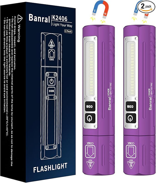 Rechargeable Tactical Flashlights High Lumens - Super Bright Small Powerful LED Magnetic USB C Flashlight, 8 Modes, Dual Button Waterproof Pocket Flash Light for Emergency, Car (2, Purple)