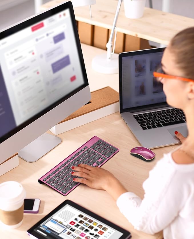 Wireless Keyboard Mouse Combo,J JOYACCESS 2.4G Compact and Ultra Slim Wireless Keyboard and Mouse for Windows, Computer, Desktop, PC, MacBook Air, Laptop-Wine Red