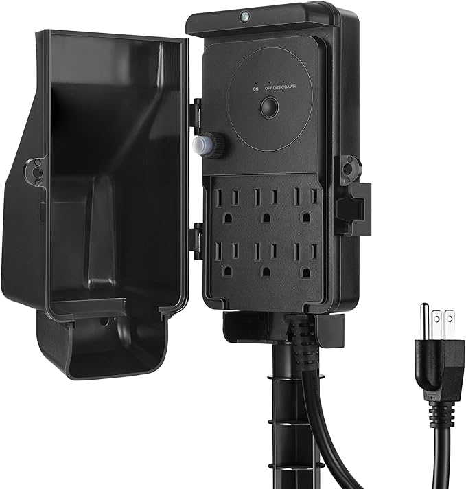 DEWENWILS Dusk to Dawn Outdoor Power Strip Stake with Overload Protection, 6FT Extension Cord, 6 Outlets, Waterproof Yard Stake Outlets for Halloween/Christmas Decor Lights, Fountains, 15A/1875W