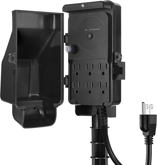 DEWENWILS Dusk to Dawn Outdoor Power Strip Stake with Overload Protection, 6FT Extension Cord, 6 Outlets, Waterproof Yard Stake Outlets for Halloween/Christmas Decor Lights, Fountains, 15A/1875W