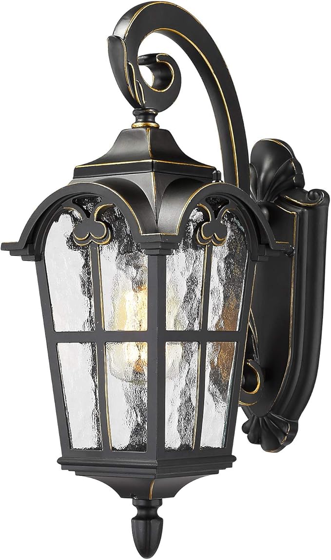 Emliviar Outdoor Light Fixtures Wall Mount - Vintage Large Exterior Light Fixture for Porch 17.5 Inch, Black Finish with Water Glass Shade, WE215B BG