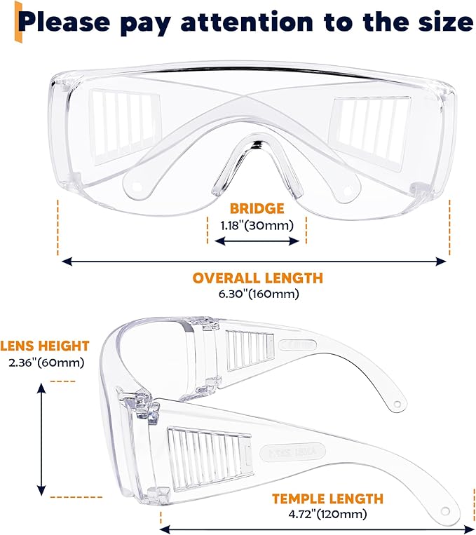 Clear Safety Glasses Over Eyeglasses 12 PACK ANSI Z87.1 Impact Resistant Wide Vision Fits Over Most Prescription Glasses Dust/Chemical Splash Proof Lightweight Protective Eyewear for Men Women
