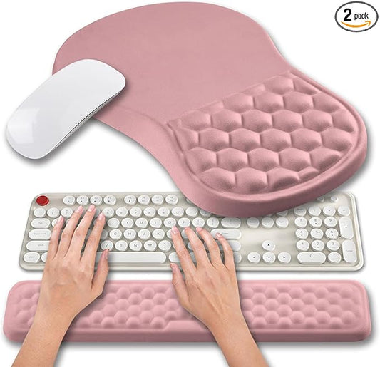 Hokafenle 2 in 1 Ergonomic Mouse Pad Wrist Support & Wrist Rest for Computer Keyboard Set, with Relieve Carpal Tunnel Pain Massage Bulge and Full Memory Gel Design (2In1 Set, Pink)