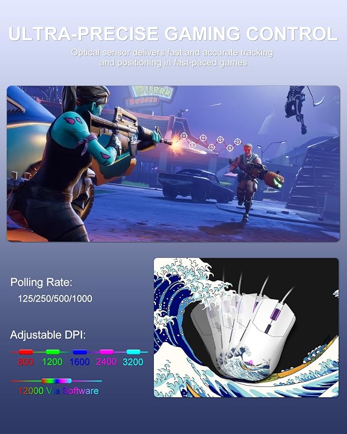 Womier G705 USB Wired Gaming Mouse for PC Computer Windows Mac Laptop, Lightweight Silent RGB Backlit Mouse with Adjustable 12000DPI/7 Programmable Side Buttons,White Kanagawa Theme