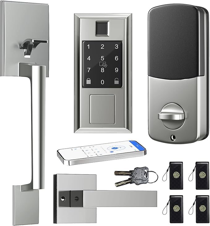 Smart Locks for Front Door with Lever Handle Set, Keyless Entry Door Lock, Fingerprint & App Control, Touchscreen Keypad Deadbolt, Auto Lock, Satin Nickel