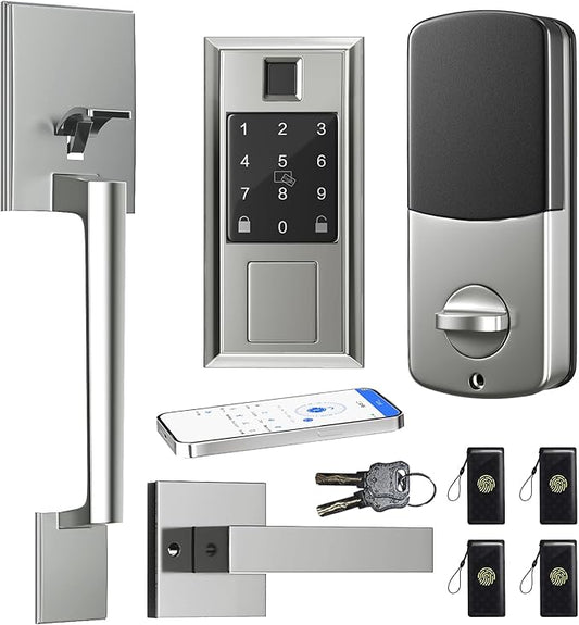 Smart Locks for Front Door with Lever Handle Set, Keyless Entry Door Lock, Fingerprint & App Control, Touchscreen Keypad Deadbolt, Auto Lock, Satin Nickel