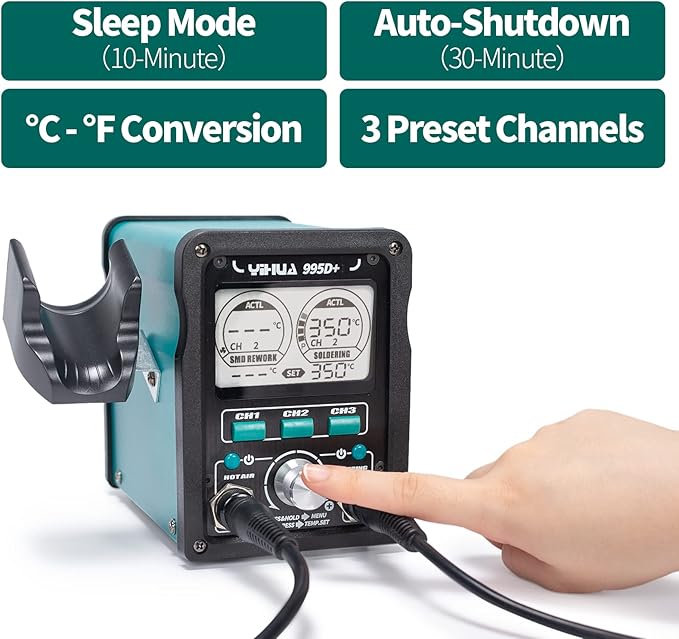 YIHUA 995D+ EVO Soldering Hot Air Station Kit 2-IN-1 110W Soldering Iron with LCD Display, Power Meter, Preset Channels, Sleep Mode, °C-°F Conversion, Automatic Shutdown Functions