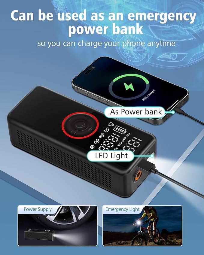 Tire Inflator Portable Air Compressor Air Pump for Cars, Bikes & Motorcycle Tires, 25mm Cylinder Pump with 150PSI for 3X Faster Inflation, Dual Cordless and DC12V Power with Accurate Pressure Gauge