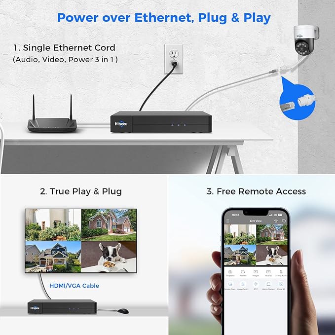 [3TB HDD+Human Tracking] Hiseeu 4K PoE Security Camera System,CCTV Camera Security System w/5MP Home Security Cameras, PTZ 270°Pan 90°Tilt，2-Way Audio,Remote Access,Night Vision,Waterproof,7/24 Record