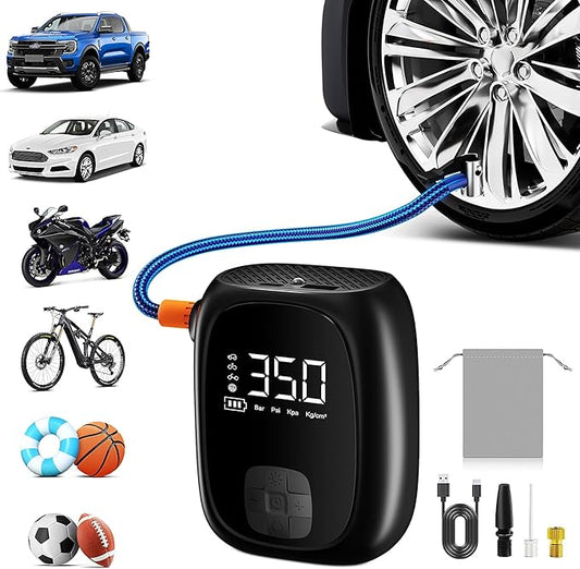 Tire Inflator Portable Air Compressor – Fast Inflation, Auto Shut-Off & LED Display | High-Power Air Pump for Car, Motorcycle & Bike Tires, USB Rechargeable & Compact Design, Gifts for Men